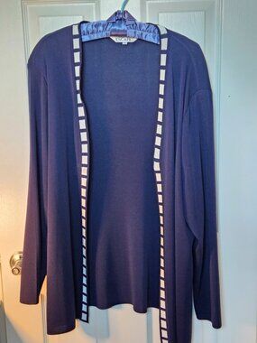 ESCAPE Navy Open Front Cardigan – Geometric Trim – Women’s Boutique Sweater
